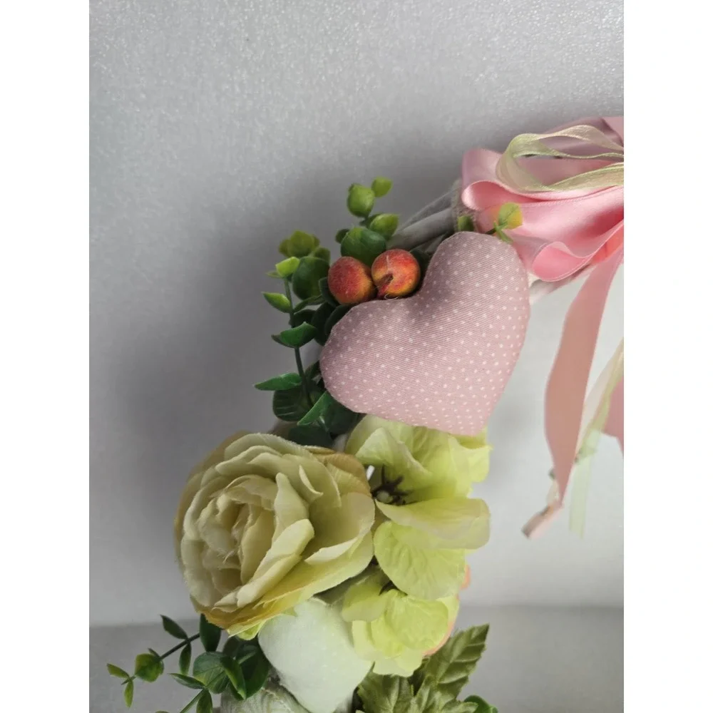 Handmade Door Wreath Love Birds Soft Pink‎ Green Spring Time Floral Wreath 15